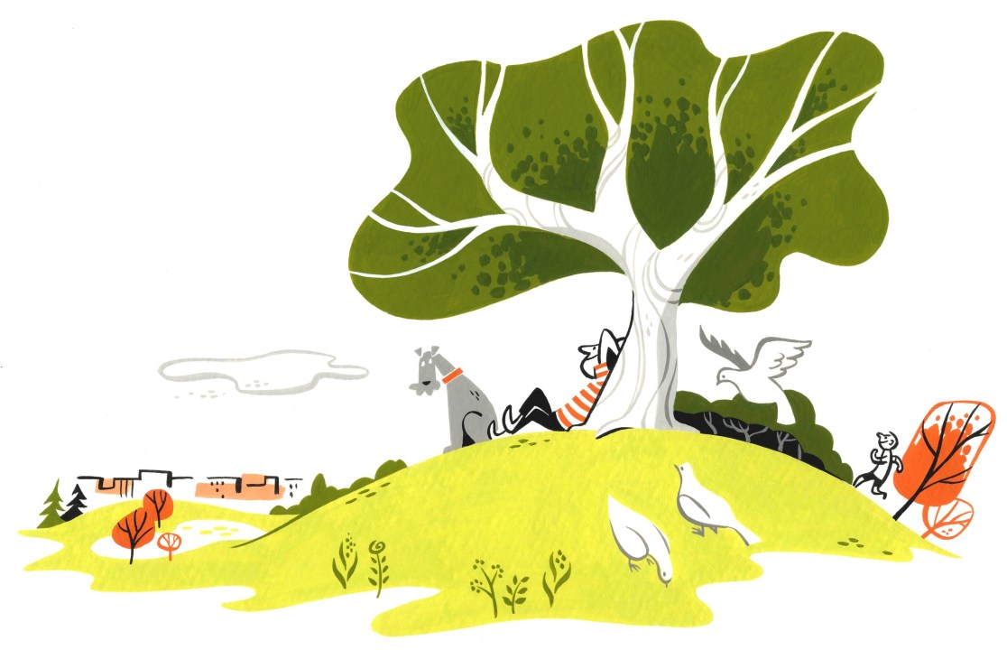Illustration of people relaxing under a large tree in a verdant landscape with rolling hills and buildings in the distance.