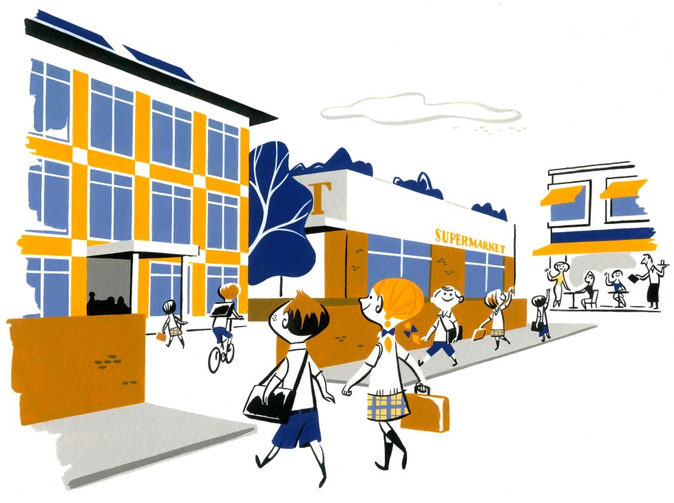 Illustration of a vibrant urban streetscape with modern buildings, pedestrians, cyclists, and a supermarket in a walkable neighborhood.