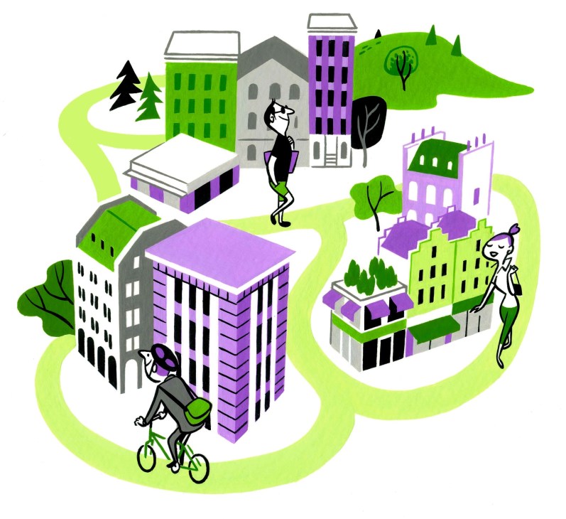 Illustrated urban neighborhood with mixed-height buildings, green spaces, pedestrians, and cyclists on winding pathways.