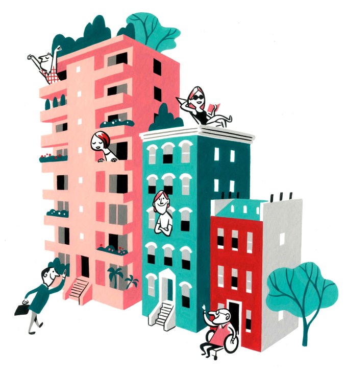 Illustration of mixed-height residential buildings with people engaged in various activities on the street.