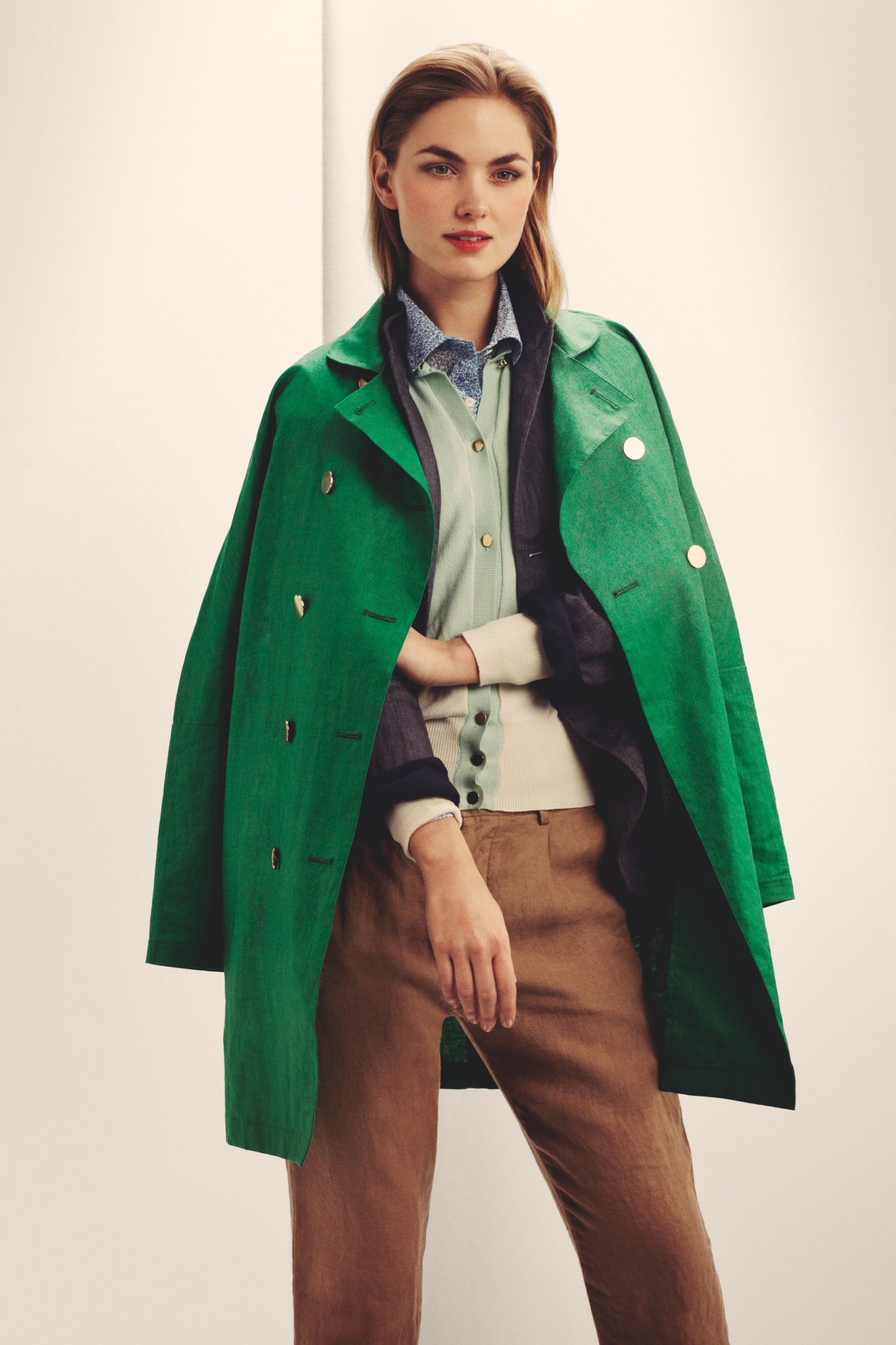Woman wearing layered spring outfit with green Mackintosh coat, patterned shirt and cardigan.