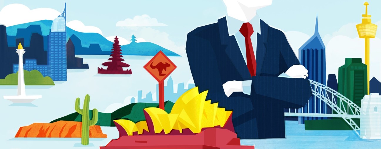 Illustrated stylized cityscape combining Australian landmarks including Sydney Opera House and Harbour Bridge with Indonesian temple architecture.