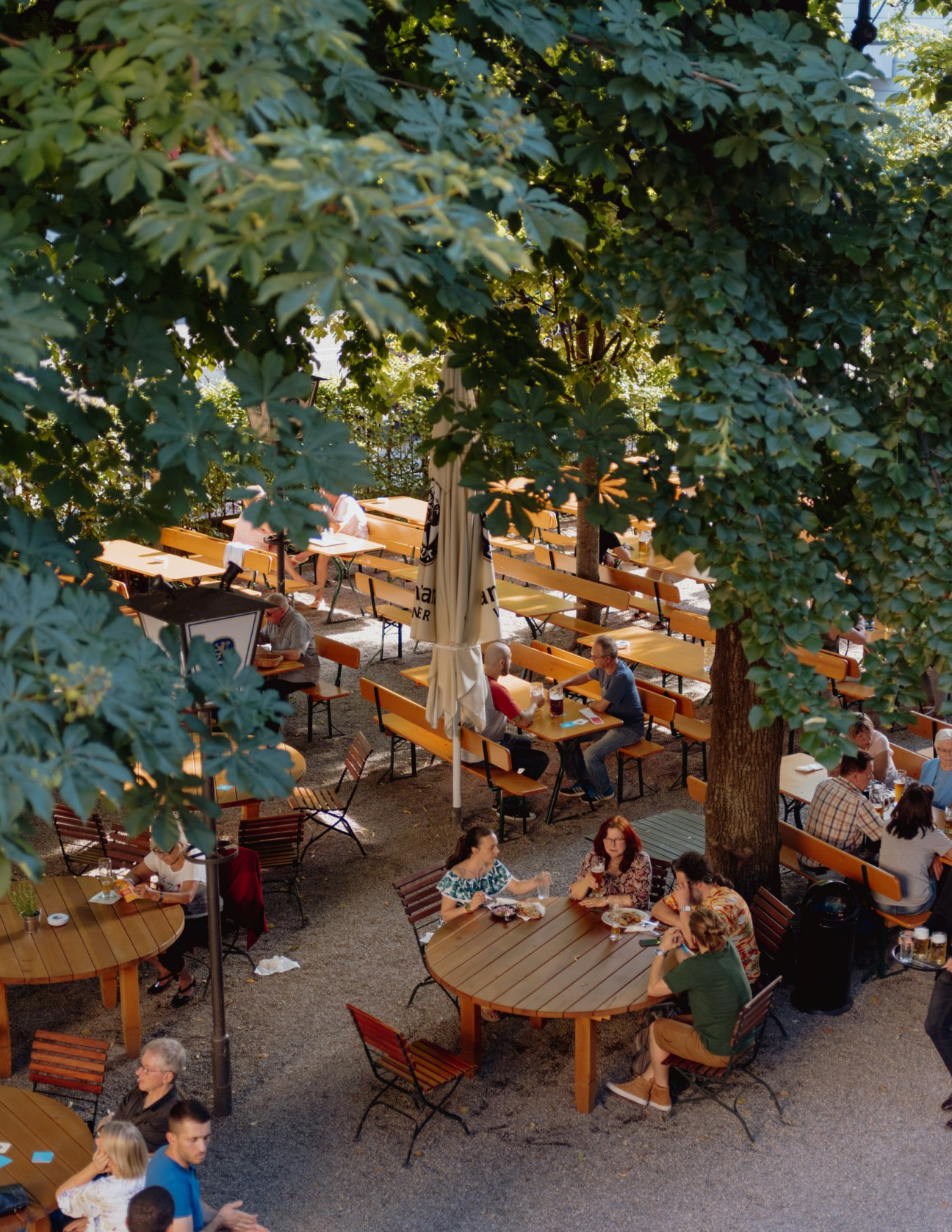 Overhead view of a Munich beer garden with wooden tables and benches under horse chestnut trees, with patrons dining and drinking.