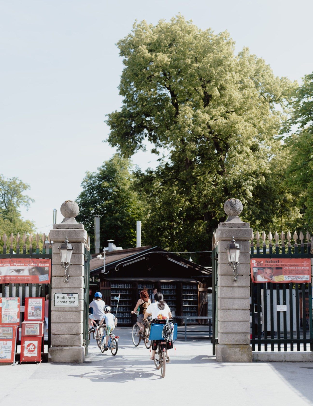 Cyclists ride through ornate stone gates into a beer garden entrance beneath a flowering horse chestnut tree.