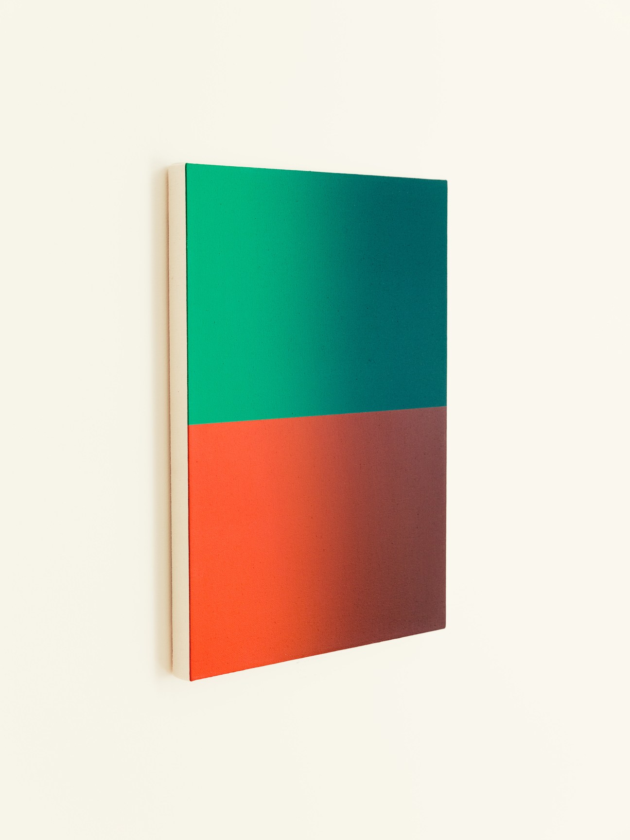 Abstract artwork by Philippe Decrauzat with teal and coral-red color blocks on a light background.