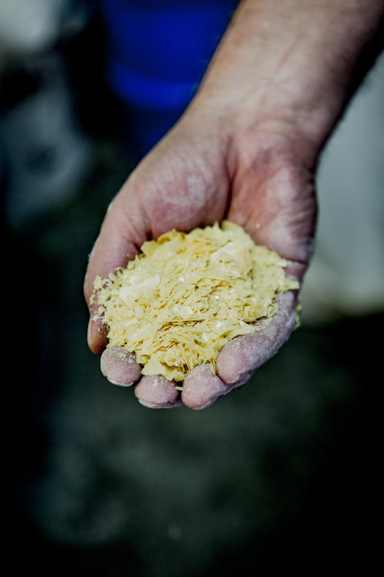 A worker's hand holding shredded carnauba wax, a raw material used in Famaco shoe polish production.
