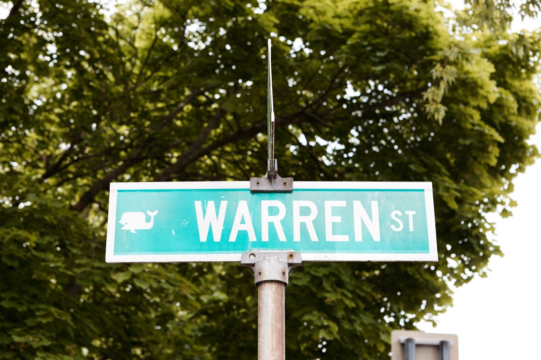 Turquoise street sign for Warren Street with a whale icon against leafy green trees.