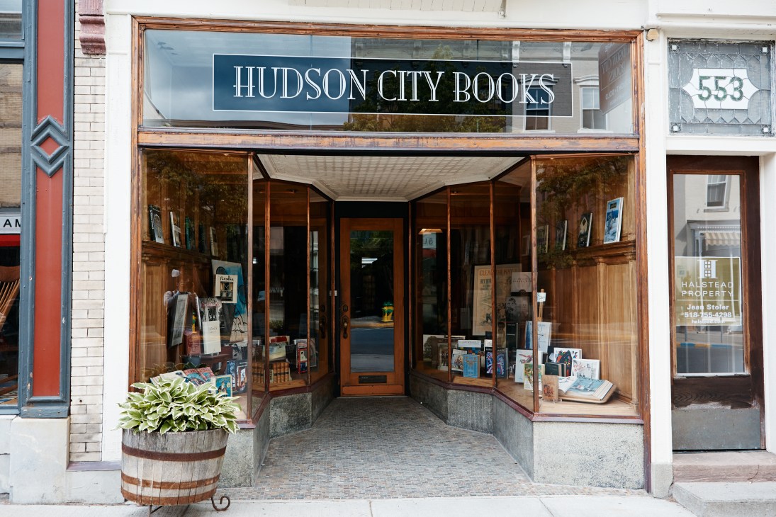 Hudson City Books storefront with wooden framing and display windows on Warren Street.
