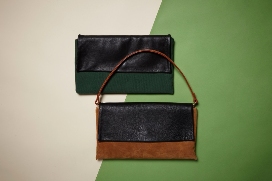 STEVE MONO Sara clutches in black leather and canvas with removable shoulder strap on split background.