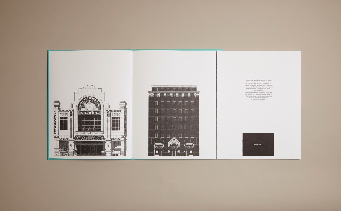 Open book displaying ink illustrations of 1930s-40s London Art Deco architecture including a cinema and residential building.