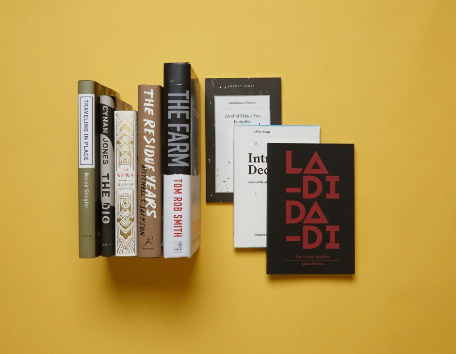 Collection of books arranged on yellow background including titles like The News, The Farm, and LA-DI-DI