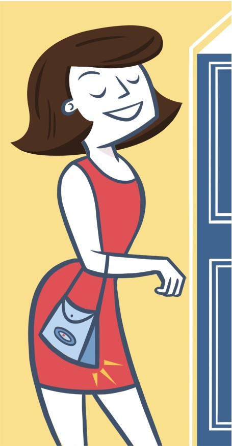 Illustration of a woman using a contactless electronic key to unlock a door.