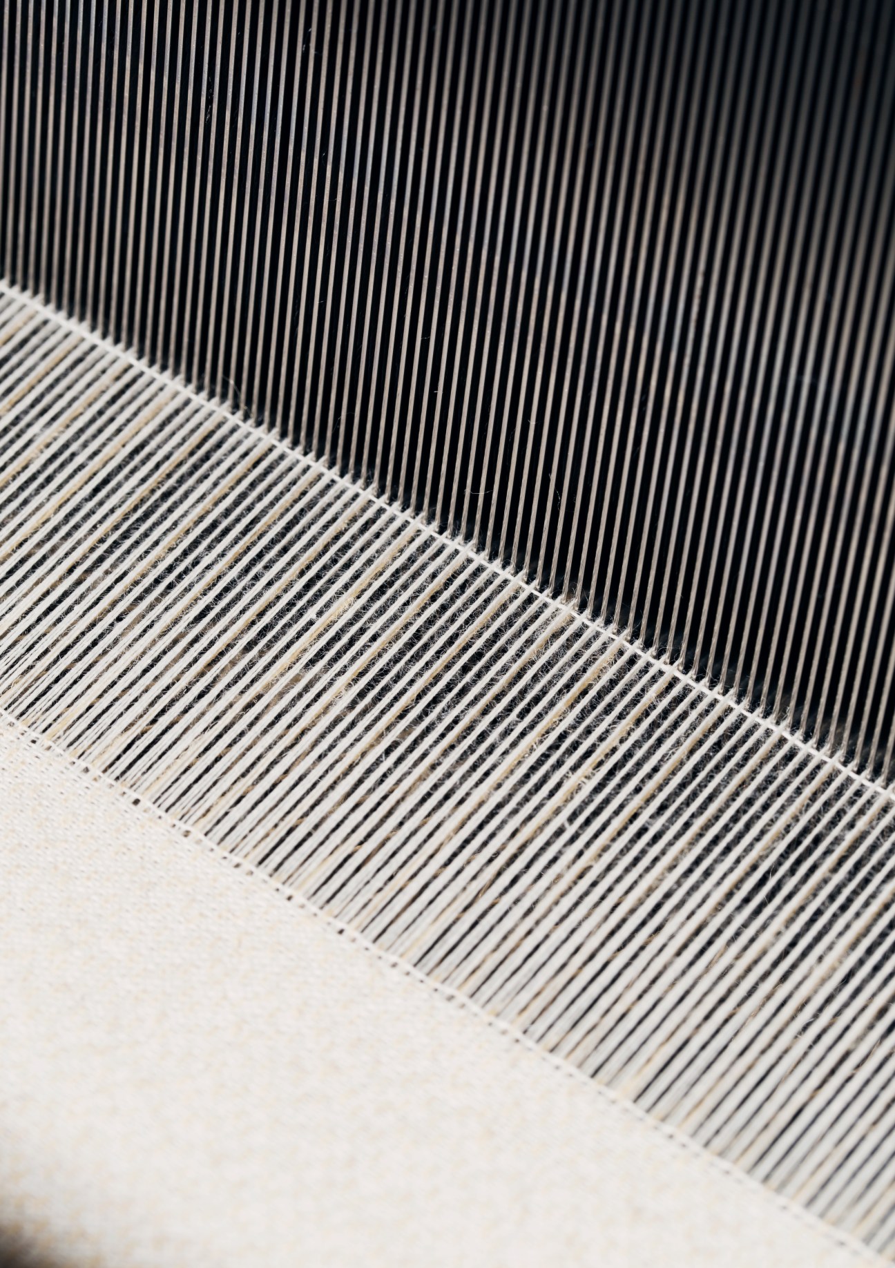 Close-up of textile loom showing parallel black and white threads in a woven pattern.