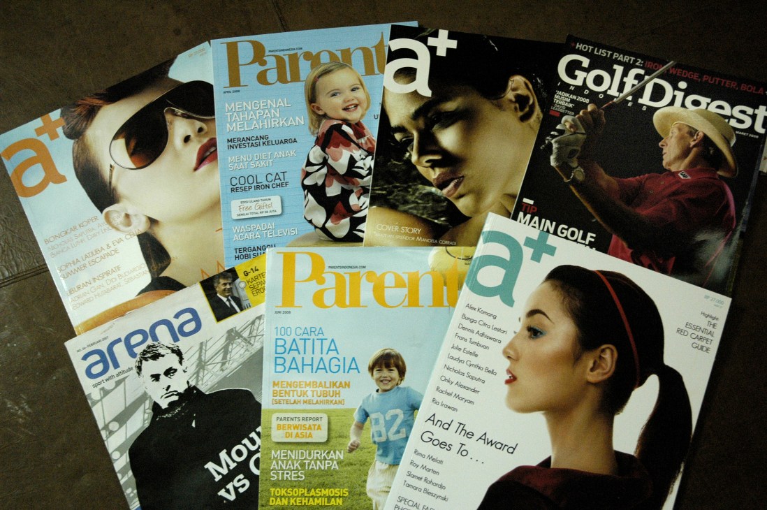 Collection of Mahaka Media publications including magazines A+, Parenting, Arena, and Golf Digest displayed together.