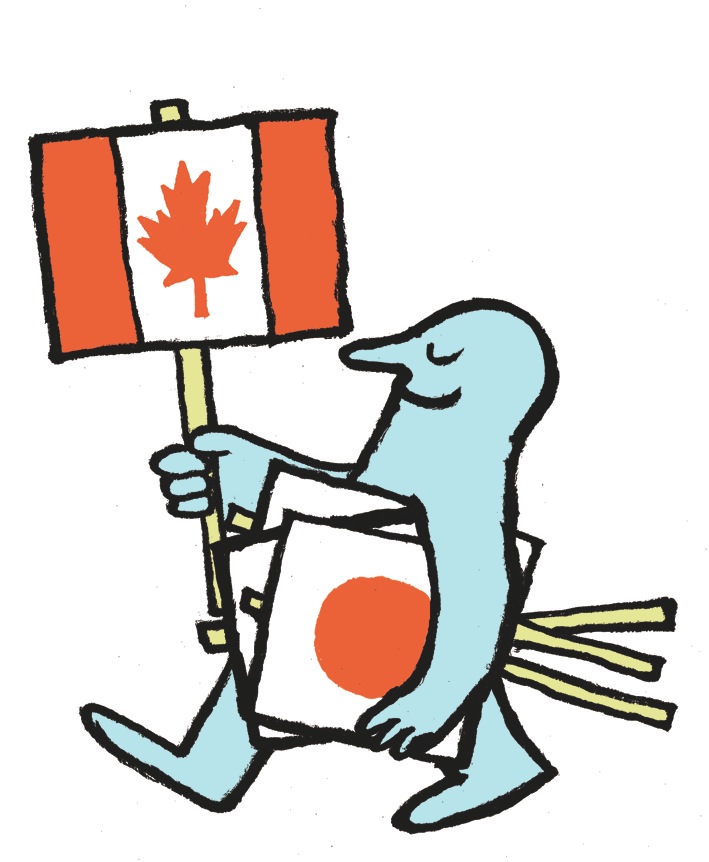 Illustrated seal holding Canadian flag and Japan flag while running.