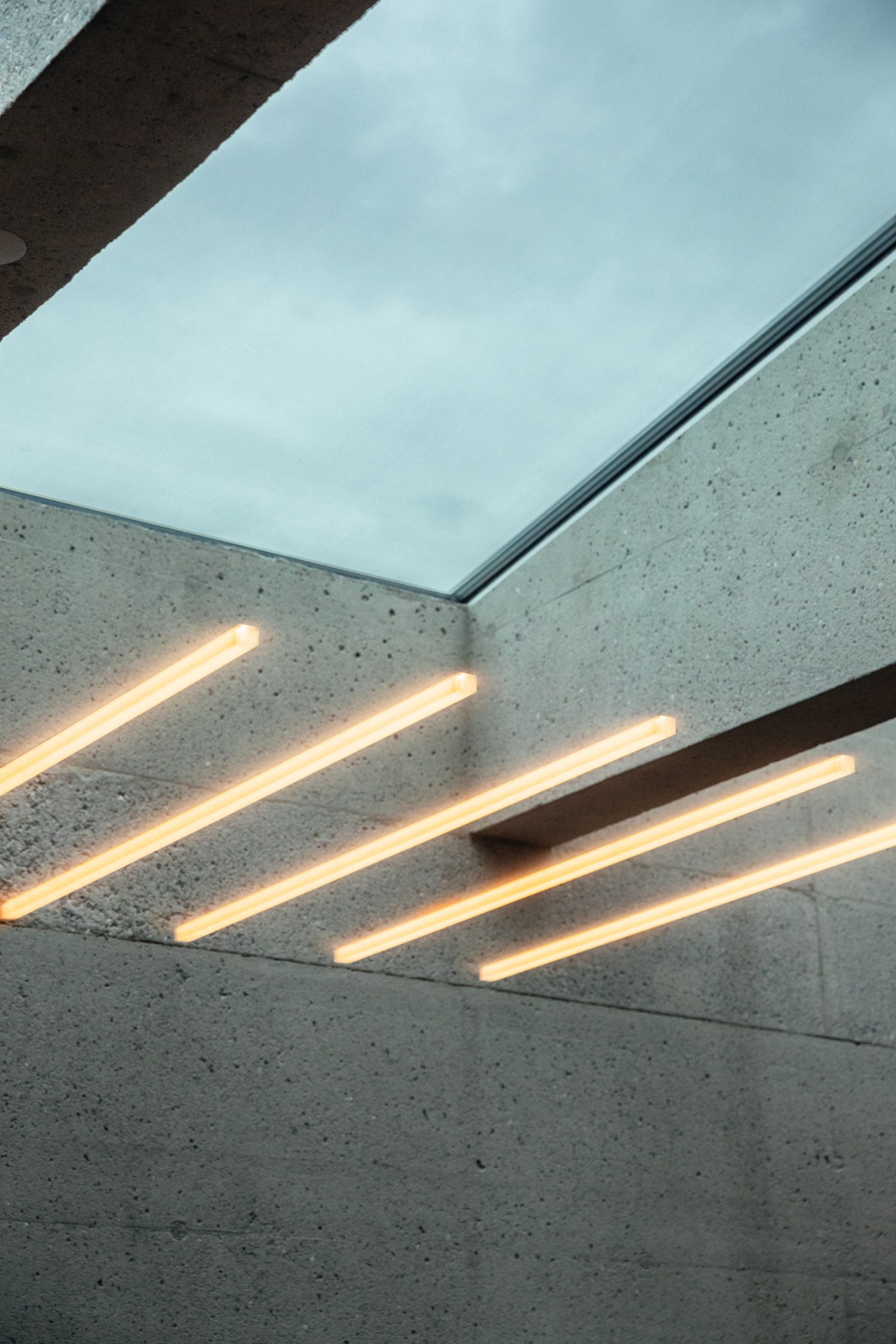 Linear warm-toned LED lights mounted on concrete ceiling with skylight above at Zofingen primary school.