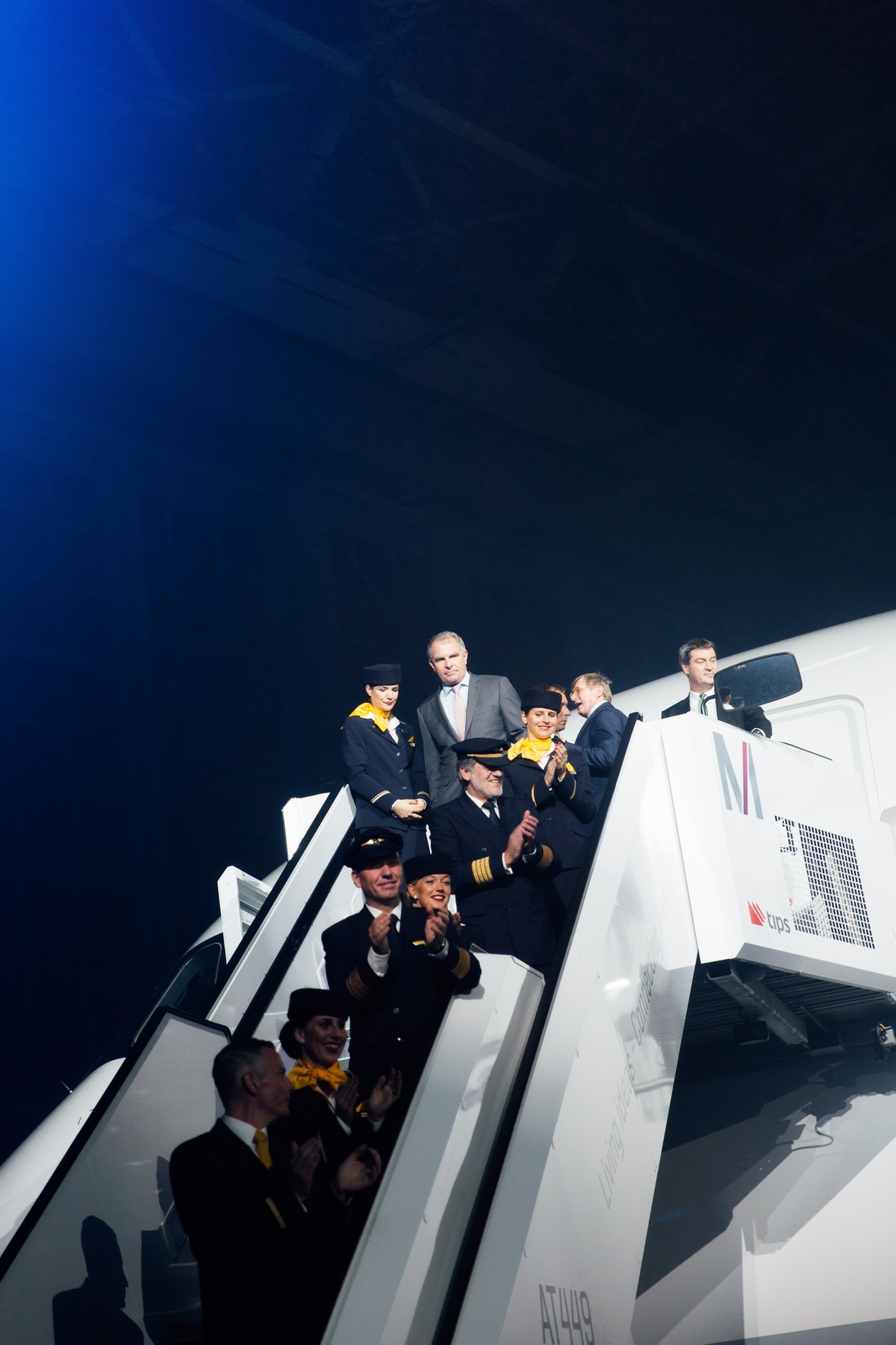 Lufthansa crew and officials boarding the new Airbus A350 aircraft at Munich Airport roll-in event