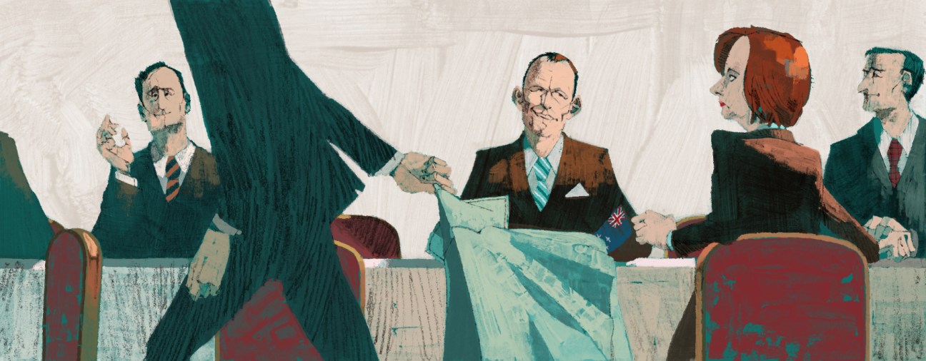 Illustration of political figures in a tense meeting with one figure gesturing dramatically.