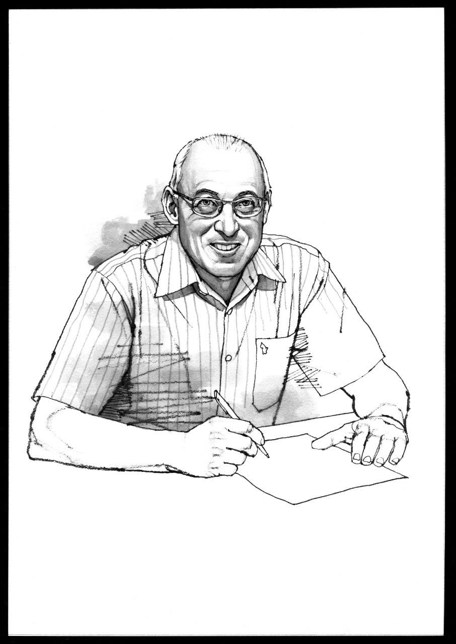 Black and white sketch portrait of Motti Sasson, mayor of Holon, Israel, wearing glasses and a striped shirt.
