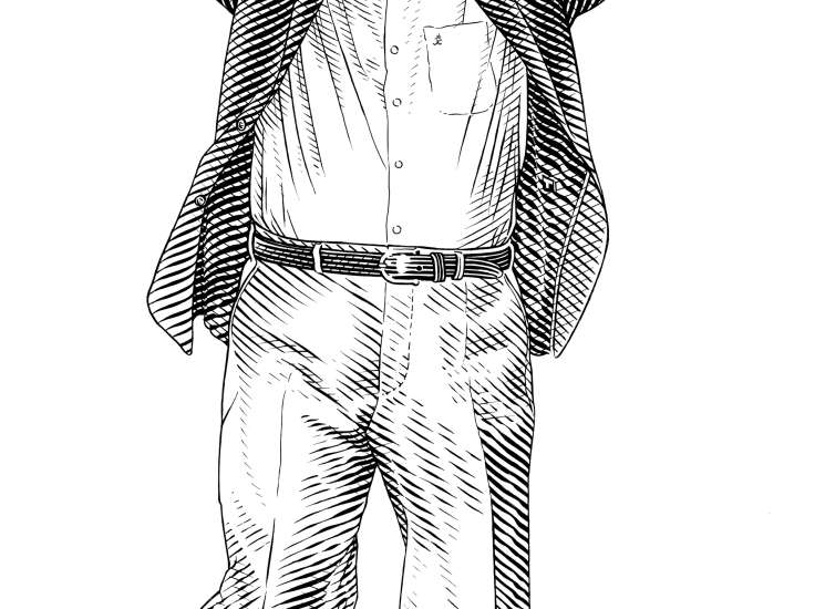 Pen and ink illustration of Mohamed Morsi wearing glasses, suit jacket and tie with both arms raised in the air.