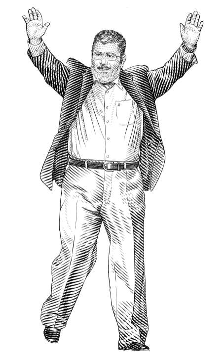 Pen and ink illustration of Mohamed Morsi wearing glasses, suit jacket and tie with both arms raised in the air.