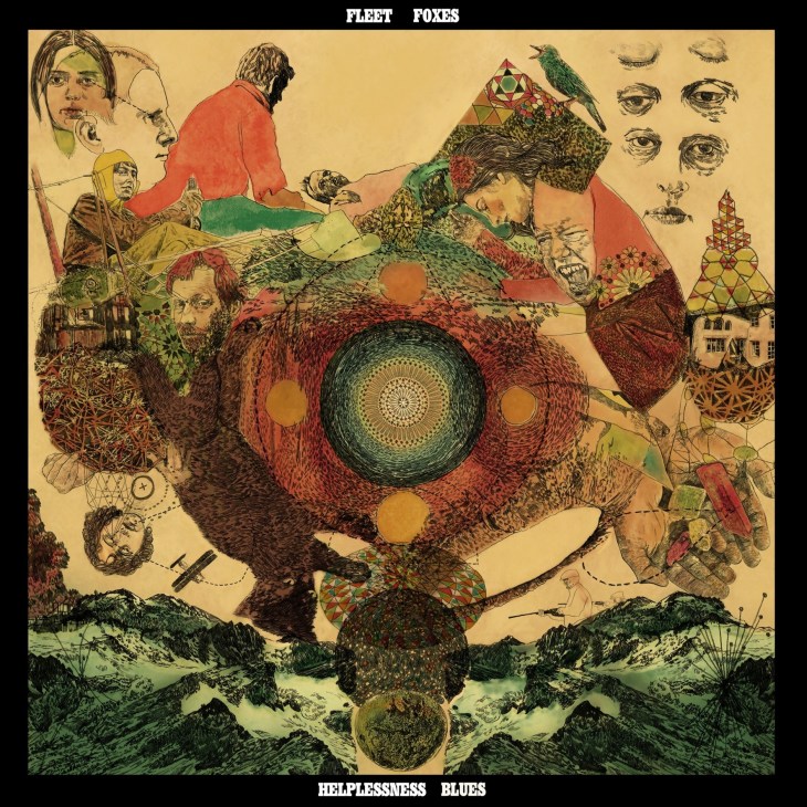 Fleet Foxes' album cover for Helplessness Blues featuring intricate illustrated artwork with surreal figures and patterns on a cream background.