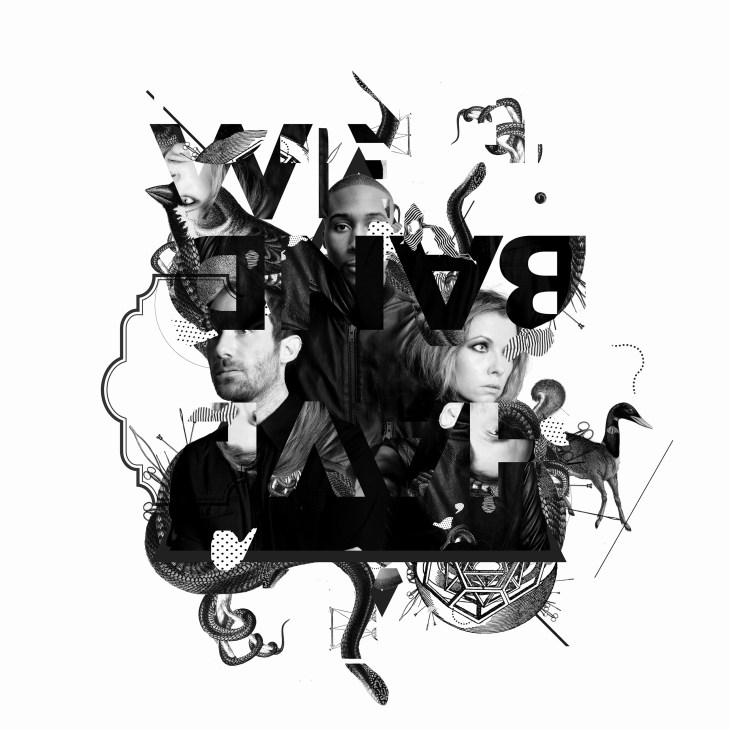 Black and white collage artwork for We Have Band featuring band members' portraits with decorative snakes and ornamental elements.