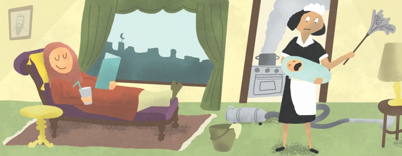 Illustration of a domestic worker caring for a child while an employer relaxes on a sofa.