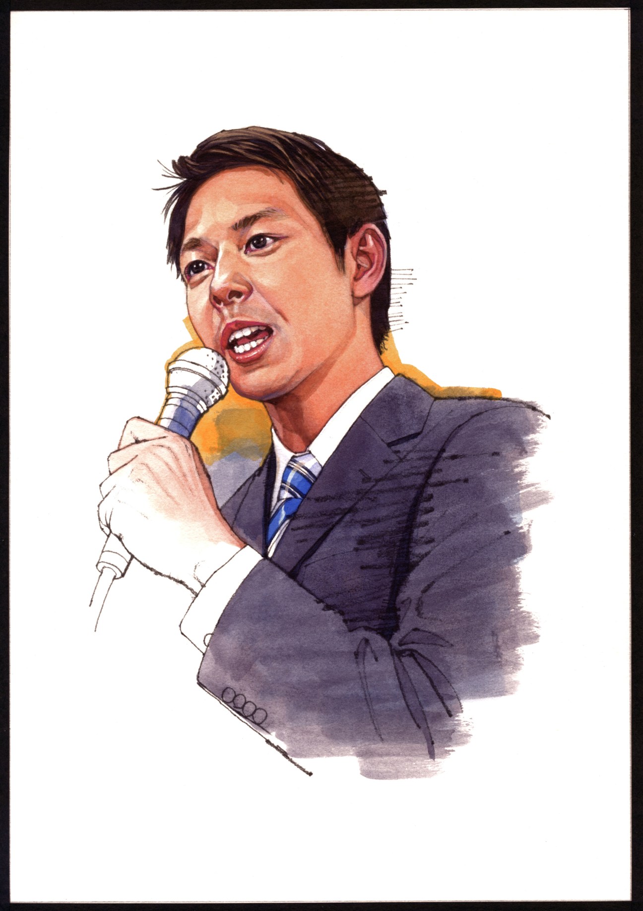 Illustration of Naomichi Suzuki, mayor of Yubari, speaking into a microphone.