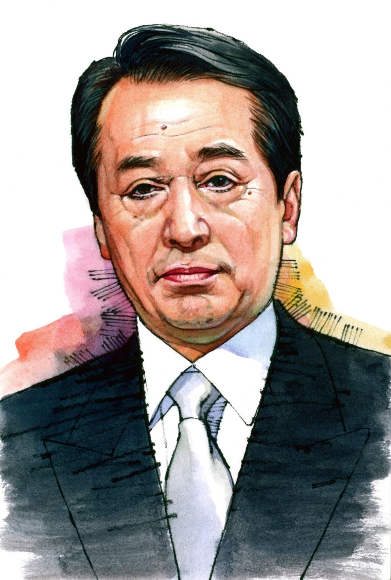 Illustrated portrait of Naoto Kan, Japanese Prime Minister, in business suit and tie.