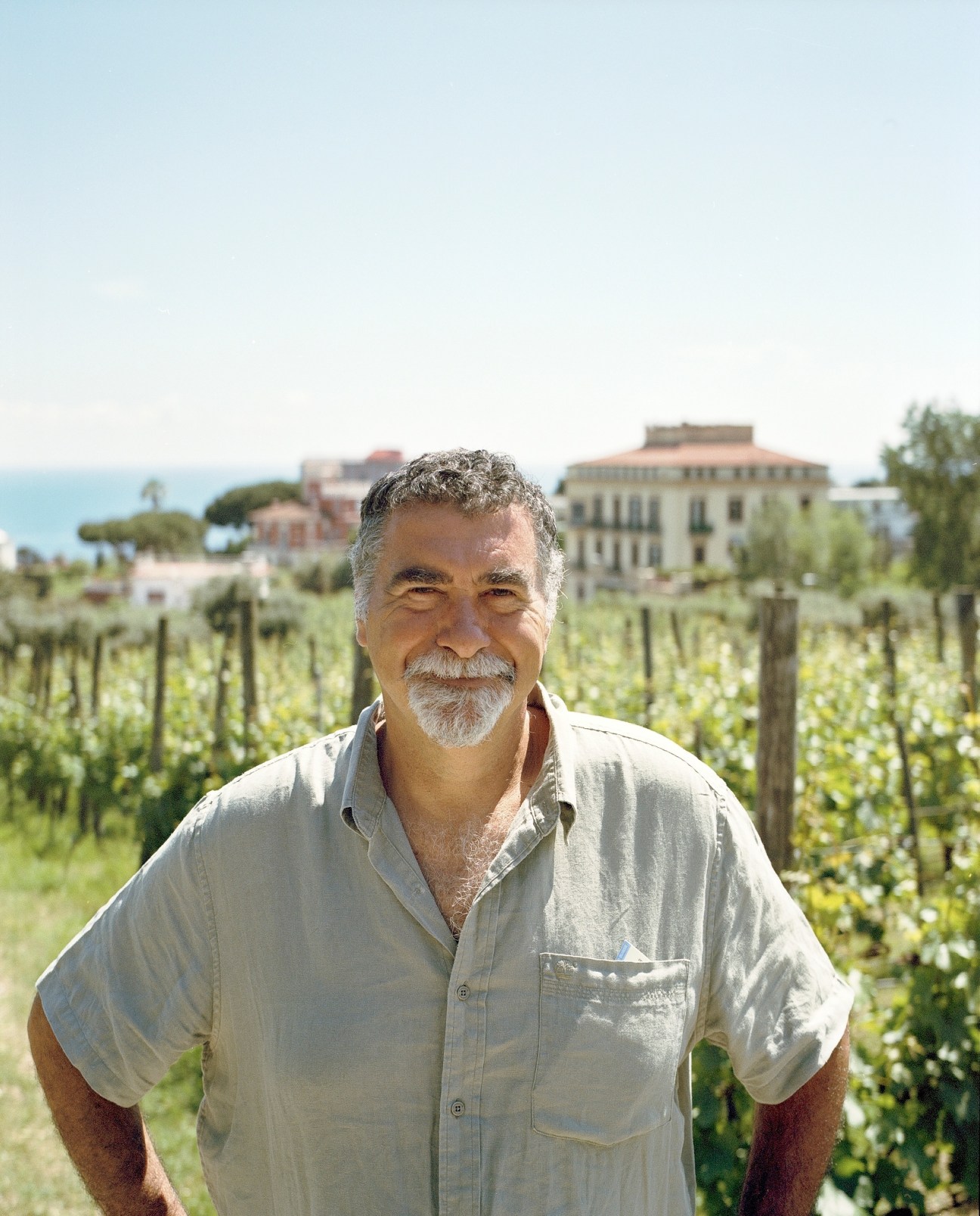 Salvatore Rosiello stands in a vineyard with Naples buildings and sea visible behind him.