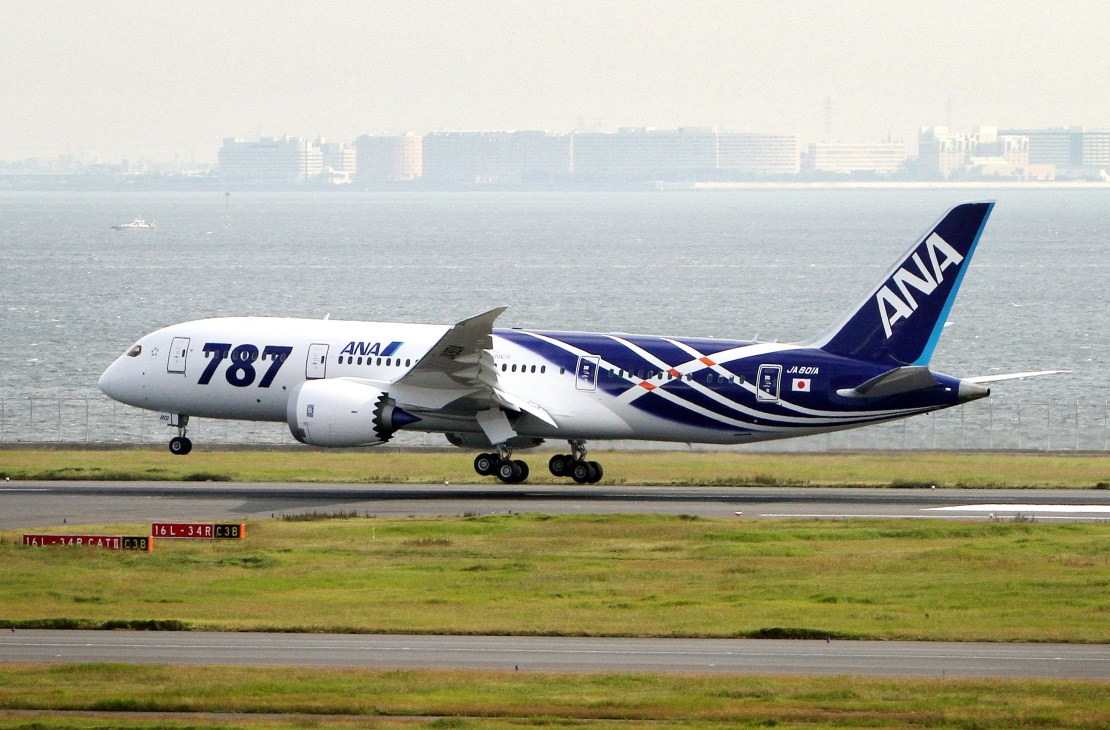 ANA Boeing 787 aircraft on runway with city skyline across water in background.