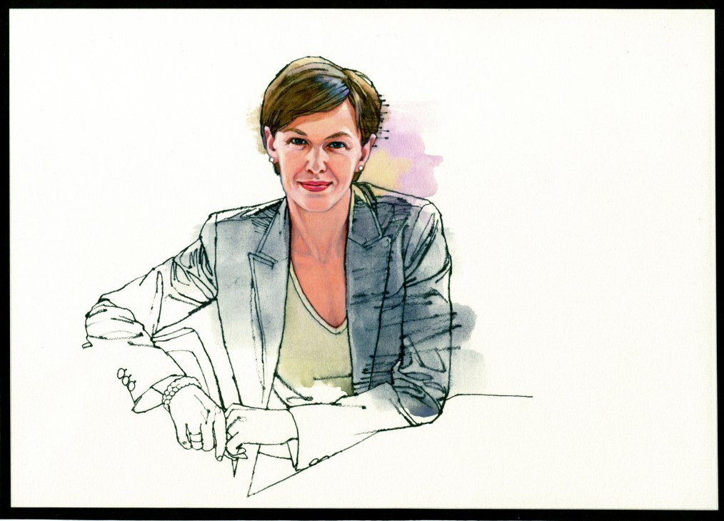 Illustration of Giovanna Vercelli, an Italian politician, wearing a blazer and seated at a table.