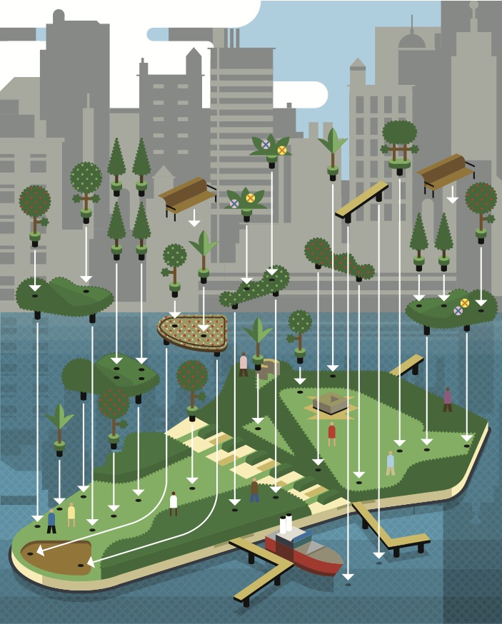Illustrated cross-section of Governors Island park showing waterfront, trees, pathways, and Manhattan skyline.