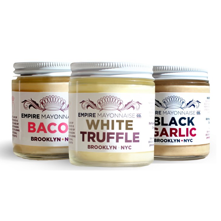 Three jars of Empire Mayonnaise in Bacon, White Truffle, and Black Garlic flavors from Brooklyn.