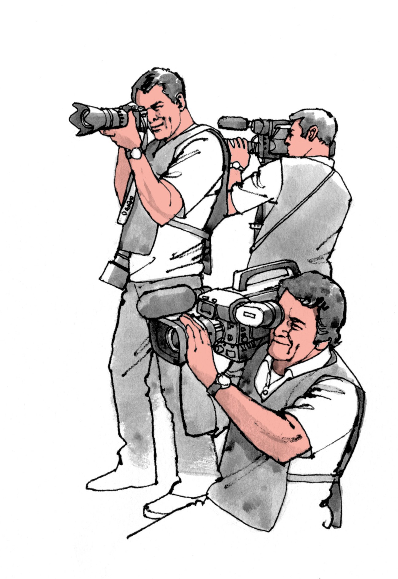 Illustration of three media professionals with camera and video equipment documenting an event.