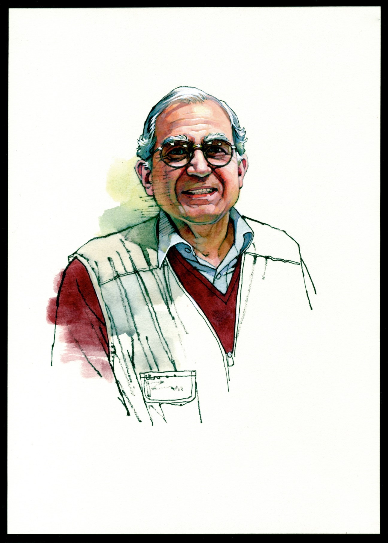 Illustration of Sergio Cifariello, a newsagent in Milan, wearing glasses and a light-colored vest over a red shirt.