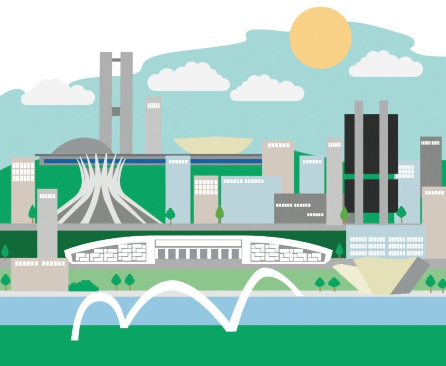 Illustration of Brasilia's modernist architecture including the distinctive Cathedral and government buildings along a waterfront with green spaces.