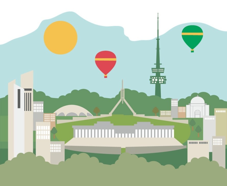 Illustrated cityscape of Canberra featuring Parliament House, hot air balloons, and modernist architecture amid green landscaping.