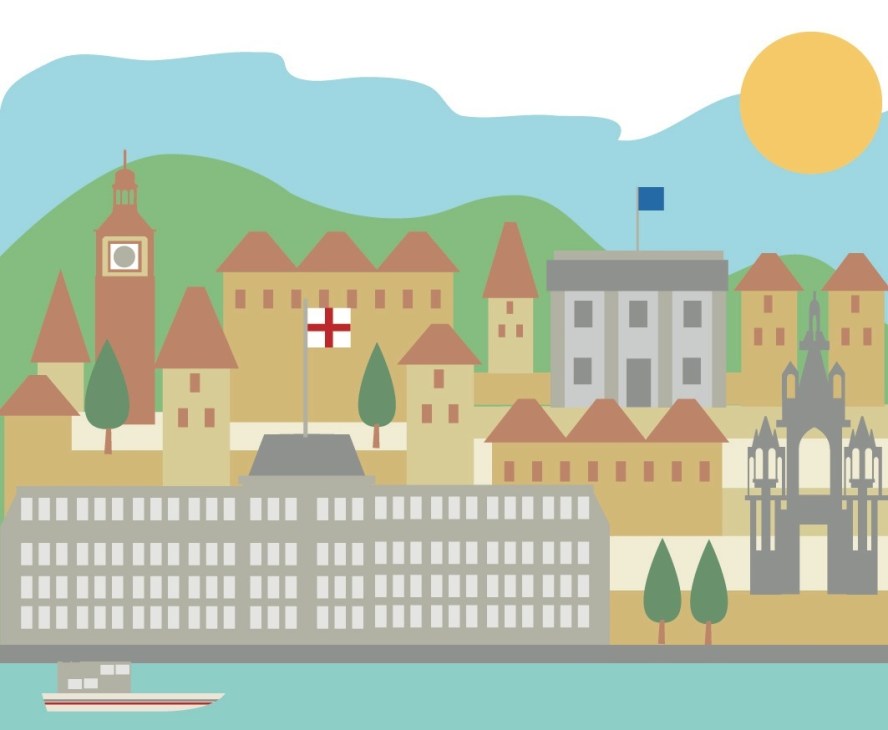 Illustrated cityscape of Geneva with landmarks including a clock tower, cathedral, and waterfront.