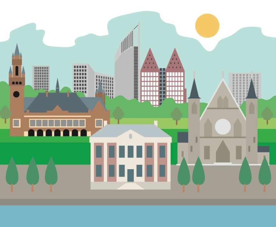 Illustrated cityscape of The Hague showing historic buildings, churches, and modern skyscrapers along a waterfront.