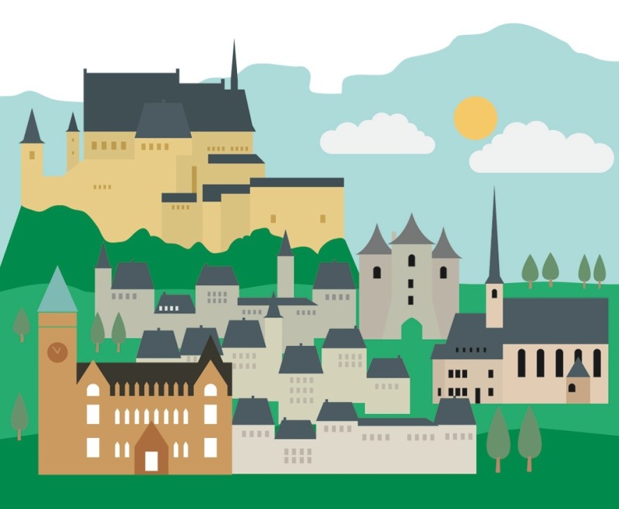 Illustration of Luxembourg cityscape with castle, churches, and surrounding green hills under blue sky.