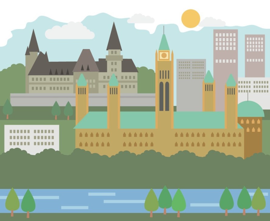 Illustrated cityscape of Ottawa showing Parliament Hill, Gothic architecture, modern office buildings, and the Ottawa River.