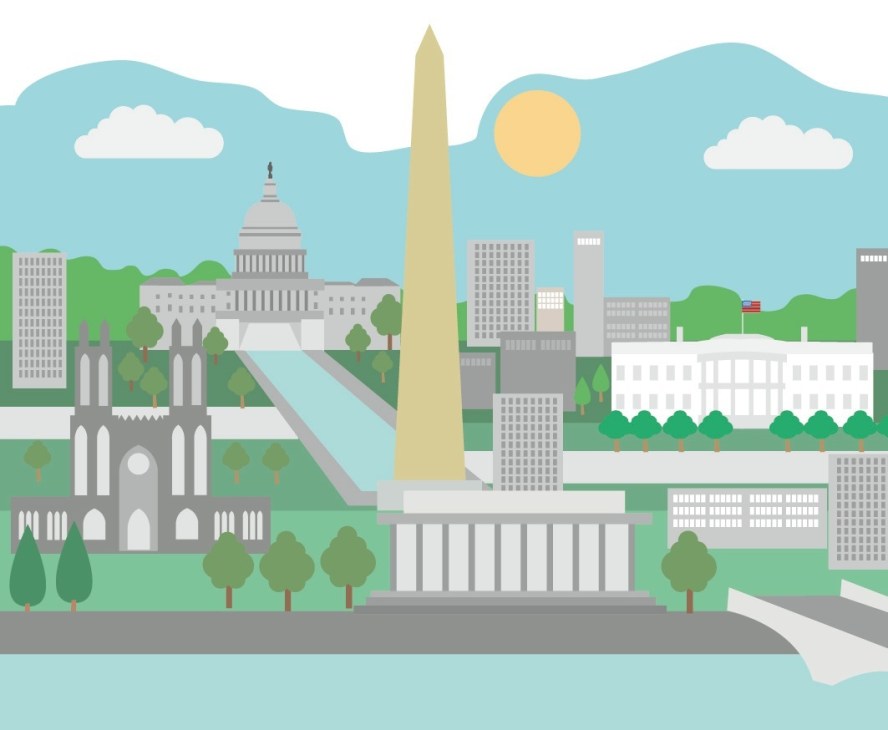 Illustration of Washington DC skyline featuring the Capitol, Washington Monument, White House and other government buildings.