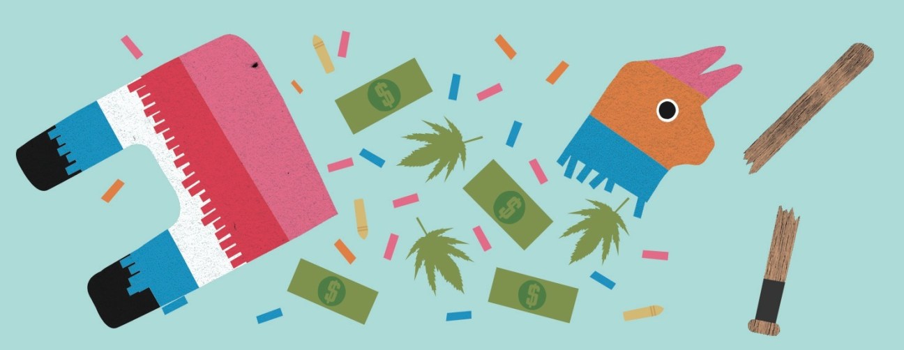 Illustration of a Mexican flag-themed rocket, money, cannabis leaves, and ammunition on a light blue background.