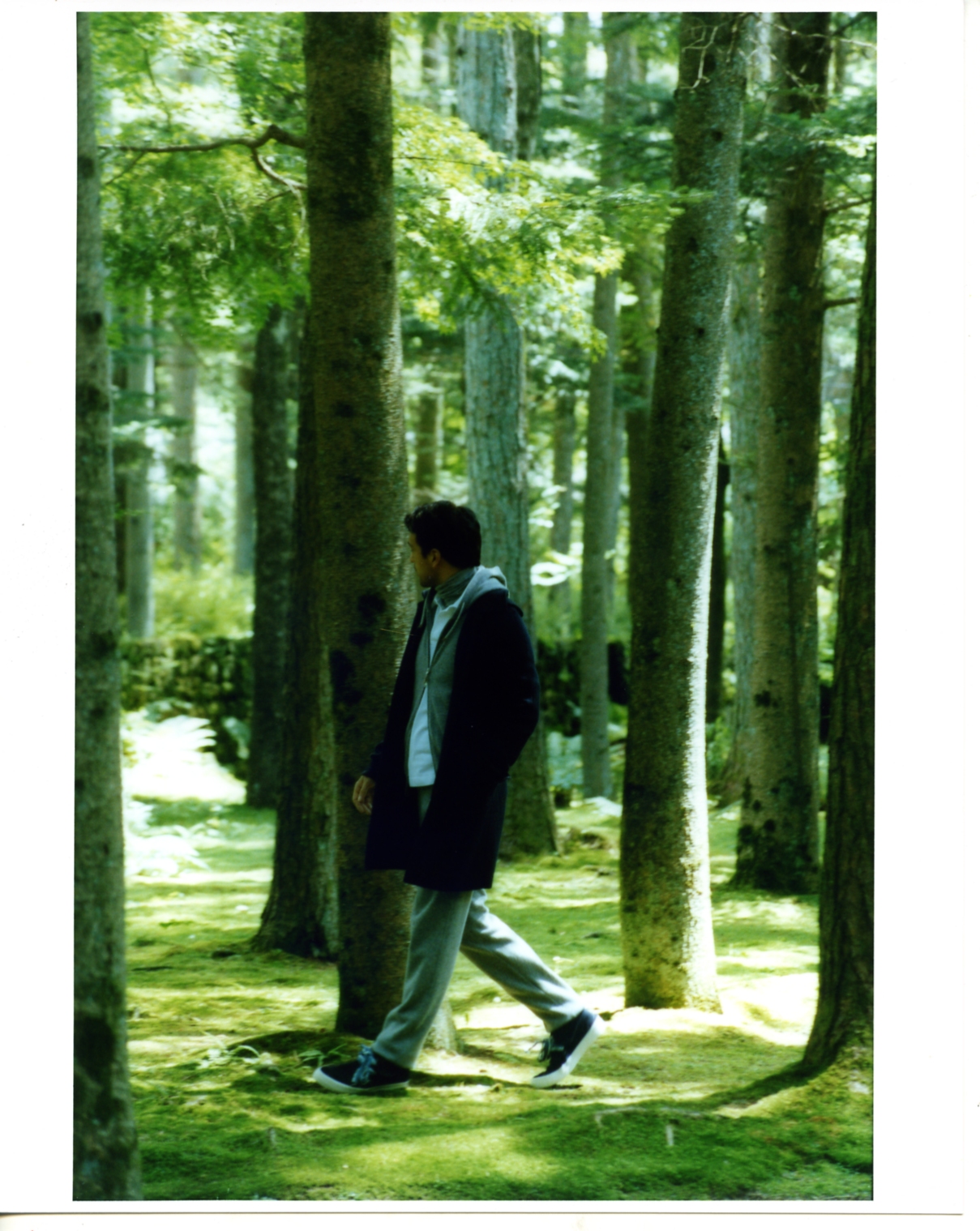 Man in dark coat and light trousers walking through a moss-covered forest path lined with tall trees.