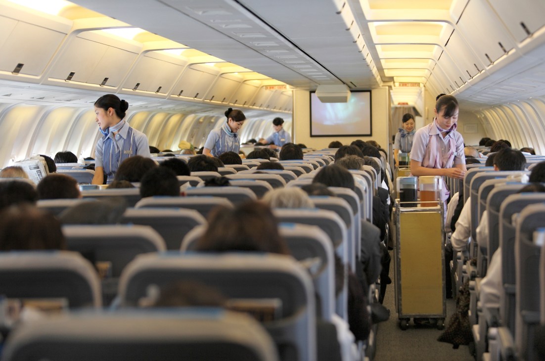All Nippon Airways flight attendants in blue uniforms serving passengers in an aircraft cabin.