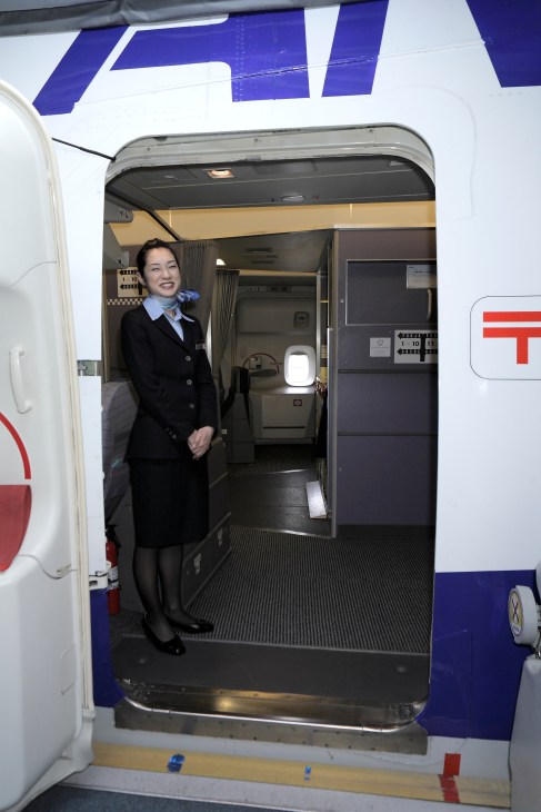 ANA flight attendant in uniform standing in aircraft doorway.