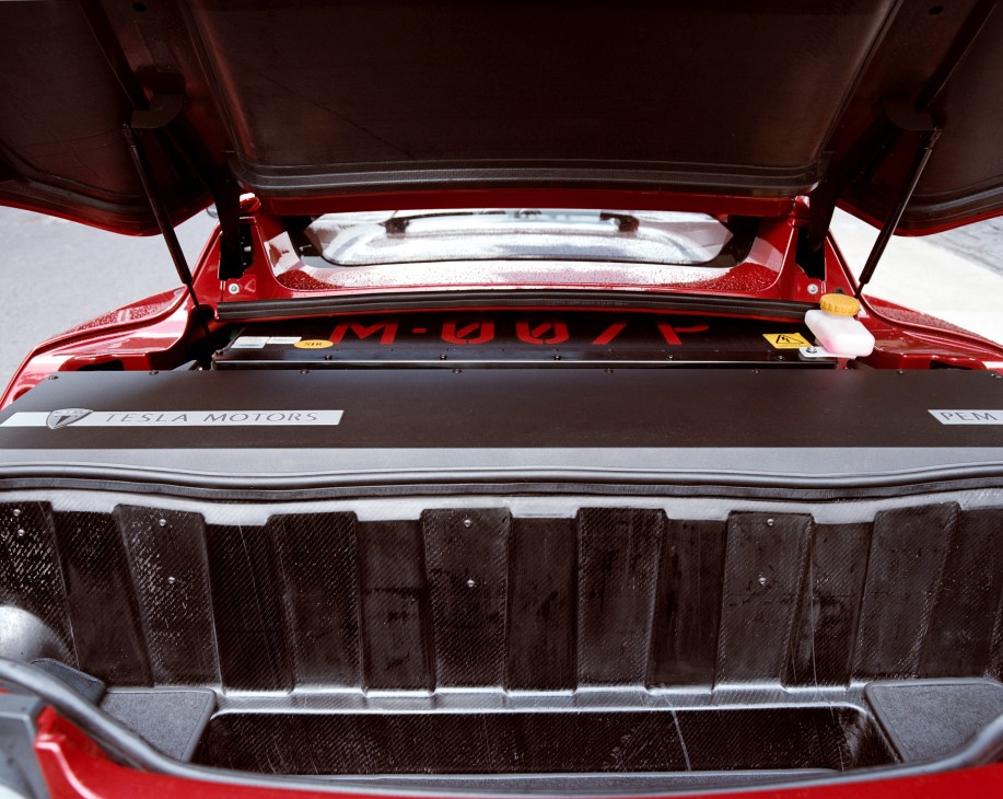 Tesla Roadster engine bay displaying the battery pack energy storage system
