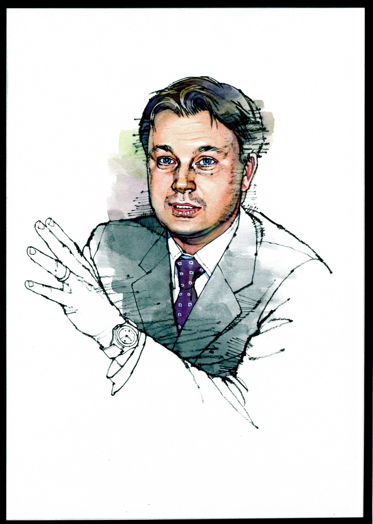 Watercolor illustration of Nikolai Alexeyev, a man in business attire with blue eyes and dark hair, gesturing expressively.